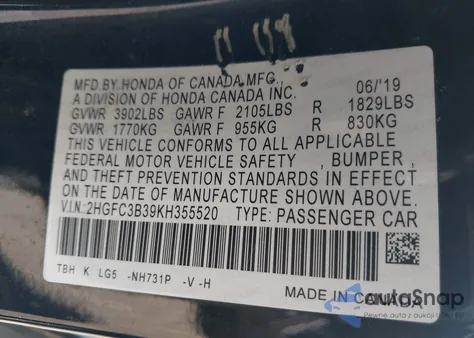 2019 Honda Civic Ex z USA, uszkodzony, nr VIN 2HGFC3B39KH355520